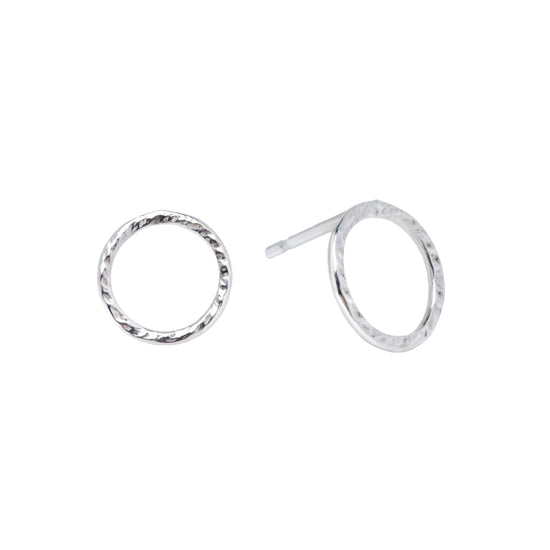 Large Hammered Circle Stud Earrings in Silver